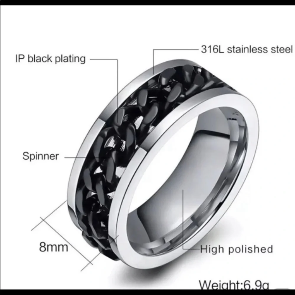 NEW Men’s Black Chain Spinner Ring Silver Stainless Steel Jewelry 8mm Wide